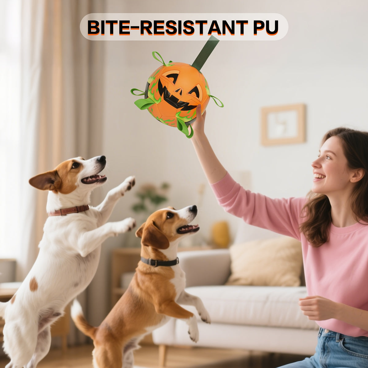 Halloween Pumpkin Dog Ball with Grab Tabs, Orange Jack-O-Lantern Fetch Toy with Carry Strap for Interactive Outdoor Play and Seasonal Pet Gifts