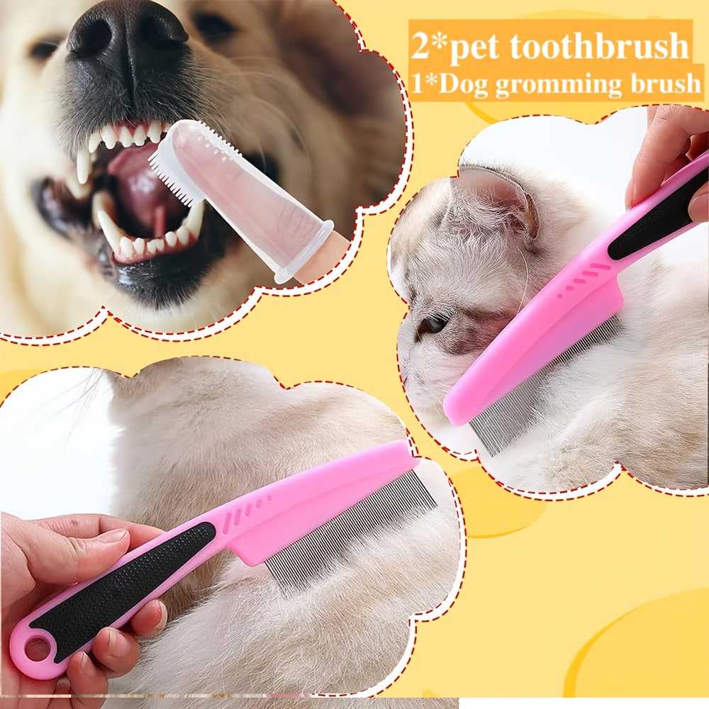 Dog Grooming Tool Set with Self-Cleaning Slicker Brush, Nail Clippers, Comb, Bath Brush and Finger Toothbrushes for At-Home Dog and Cat Care