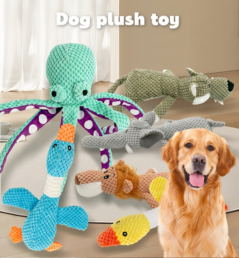 Random Animal Plush Dog Toy, One Squeaky Textured Companion for Supervised Gentle Play, Assorted Octopus, Goose, Wolf, Lion or Elephant Style