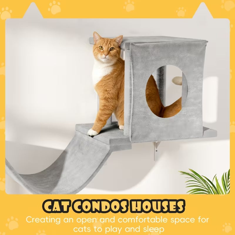 Cat Wall Furniture 7-Piece Set with House, Bridge, Hammock and Scratching Board, Wall-Mounted Climbing Shelves for Indoor Cats in Black or Grey