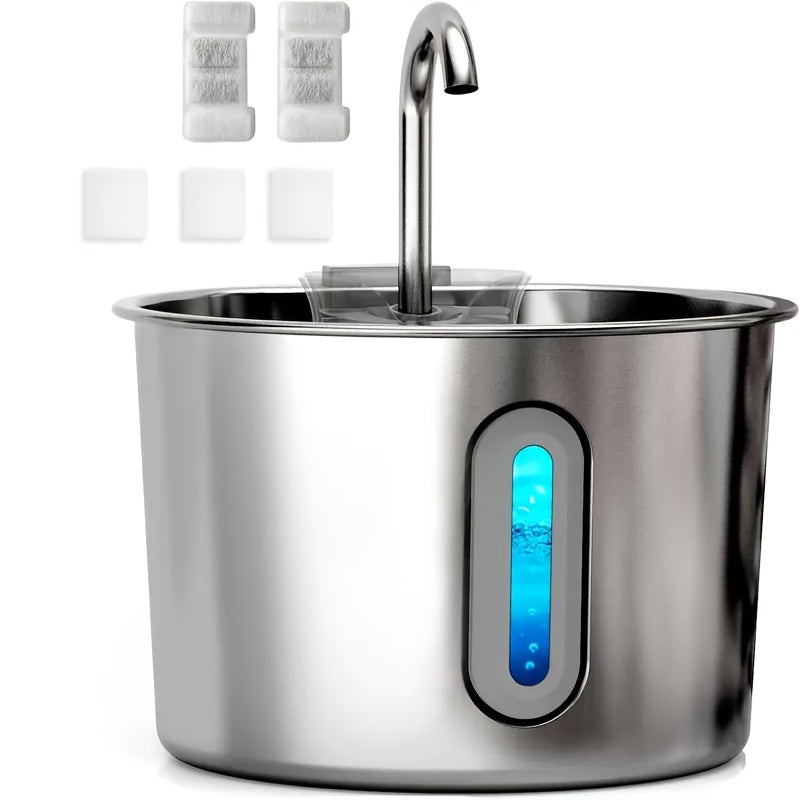 Cat Water Fountain with Filter and Sponge Bundles, 74oz 2.2L Stainless Steel Drinking Dispenser with Water Level Window for Indoor Cats and Small Dogs