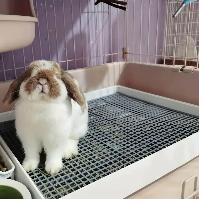 Rabbit Litter Box for Cage Corners, Gray and White Plastic Pet Toilet Tray for Indoor Bunny Potty Routines and Everyday Enclosure Cleaning