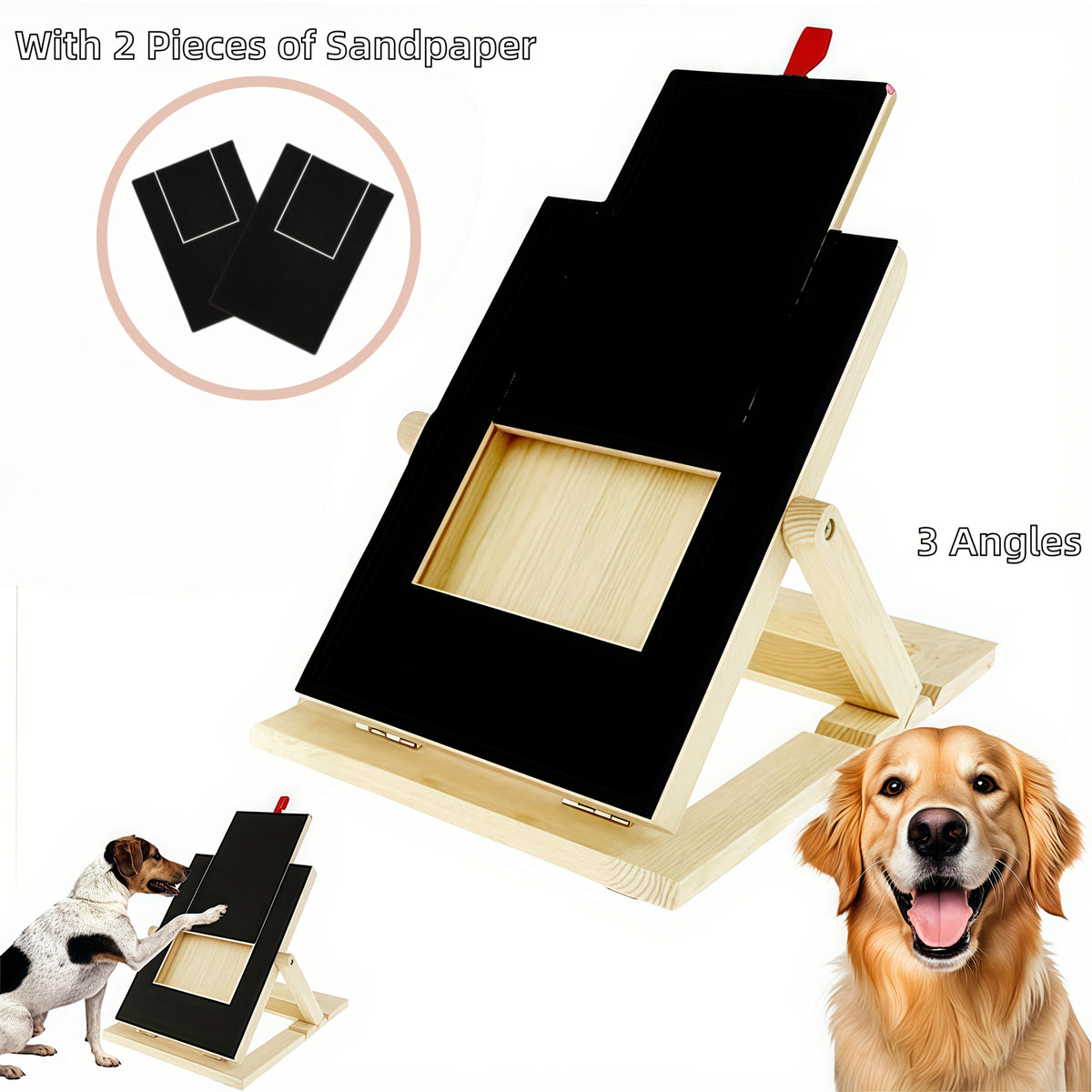 Dog Nail Scratch Board with Adjustable Bracket, Foldable Paw Filing Pad with 3 Angles from 45–65 Degrees and 2 Sandpaper Sheets for Home Grooming