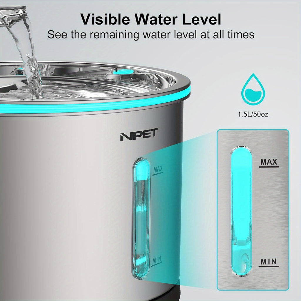 Stainless Steel Cat Water Fountain 50oz 1.5L, NPET WF210 Quiet Pet Drinking Dispenser with LED Water Level Window and Filter Bundle Options