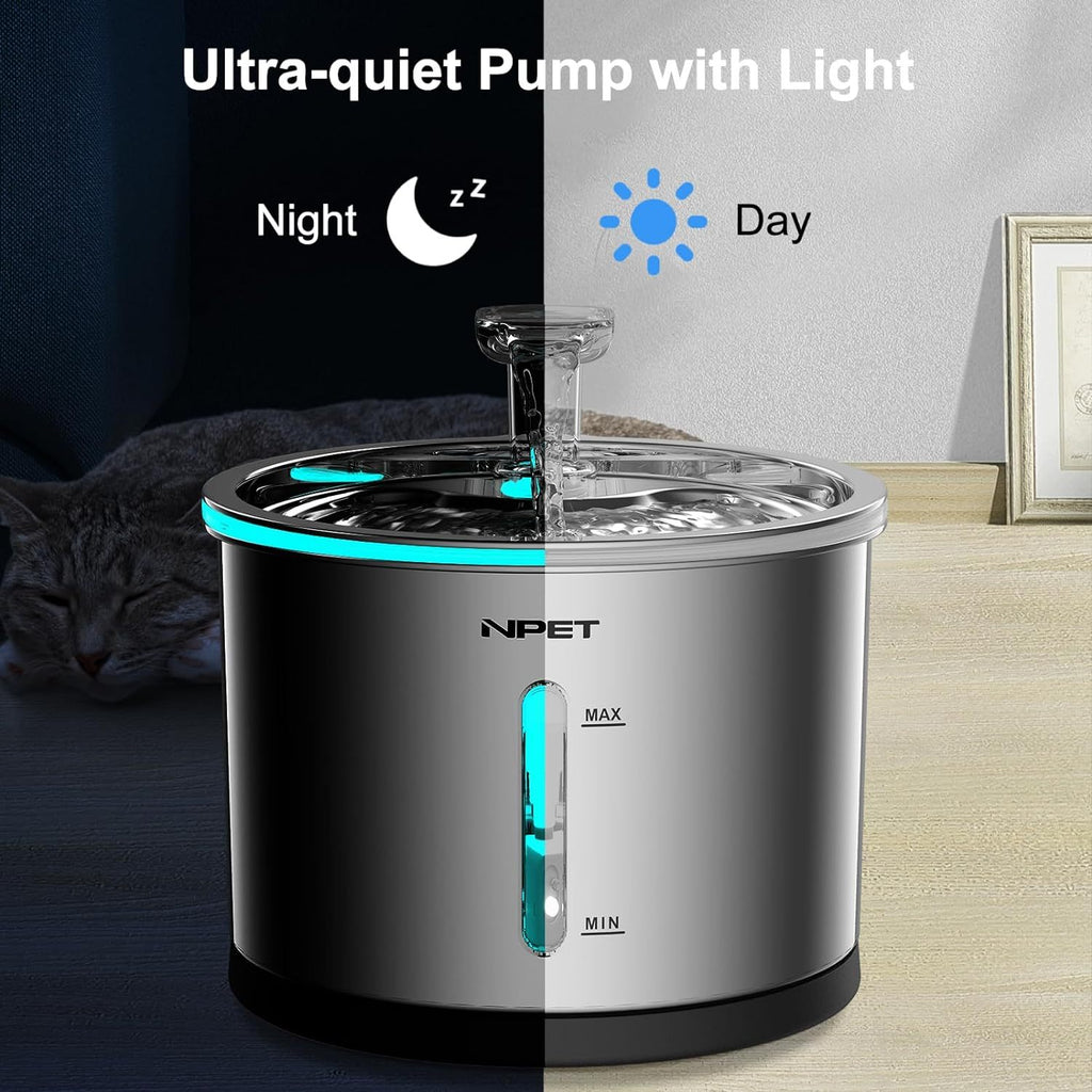 Stainless Steel Cat Water Fountain 50oz 1.5L, NPET WF210 Quiet Pet Drinking Dispenser with LED Water Level Window and Filter Bundle Options