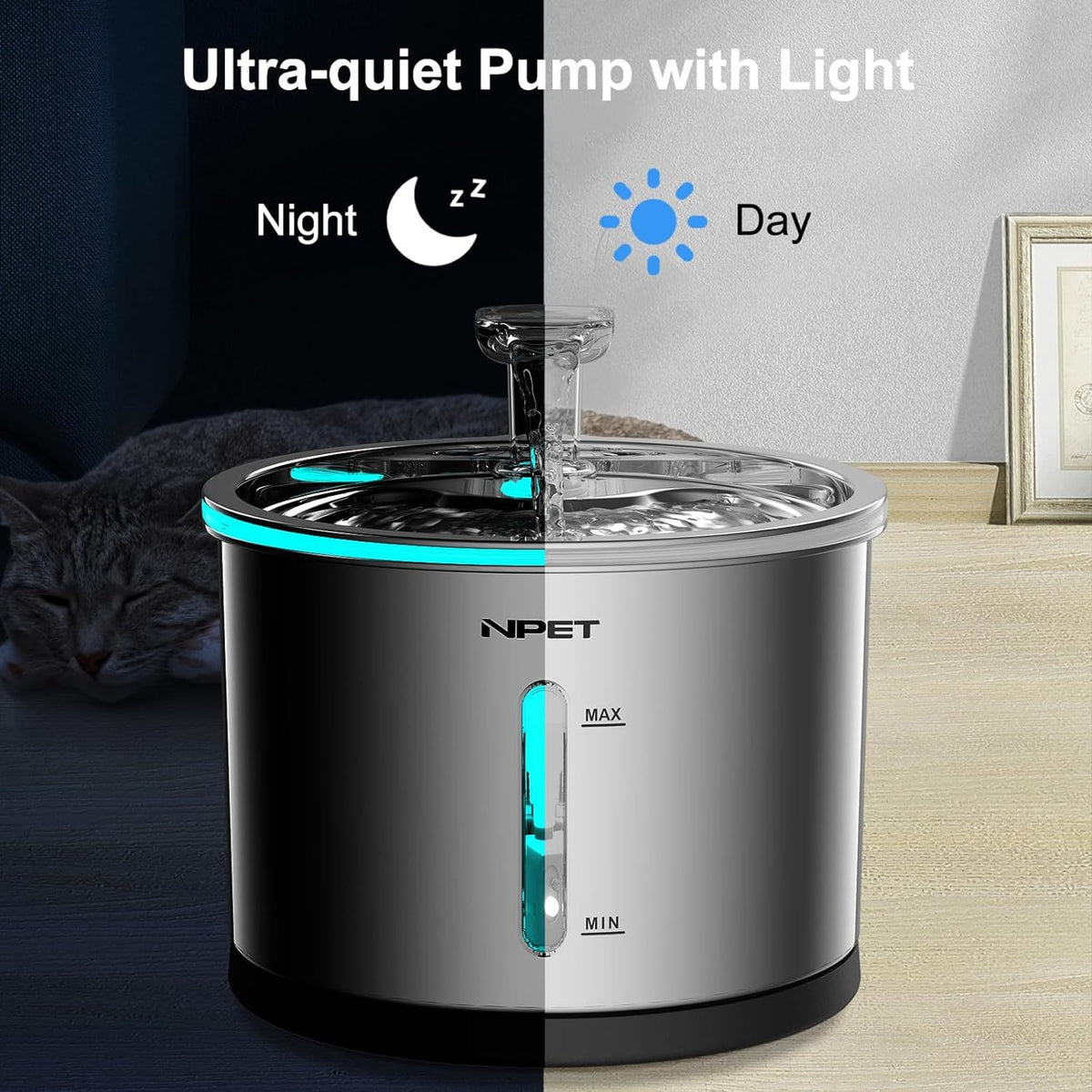 Stainless Steel Cat Water Fountain 50oz 1.5L, NPET WF210 Quiet Pet Drinking Dispenser with LED Water Level Window and Filter Bundle Options