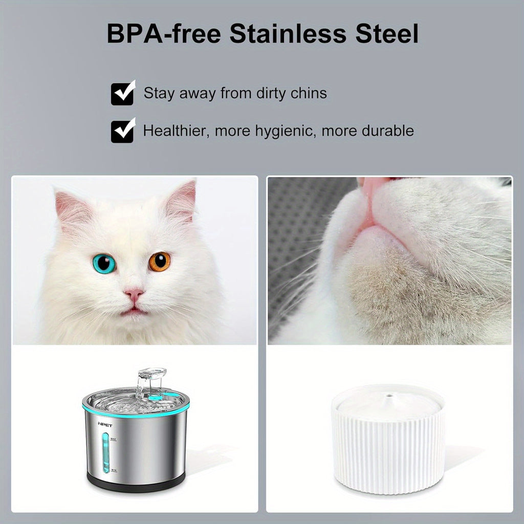 Stainless Steel Cat Water Fountain 50oz 1.5L, NPET WF210 Quiet Pet Drinking Dispenser with LED Water Level Window and Filter Bundle Options