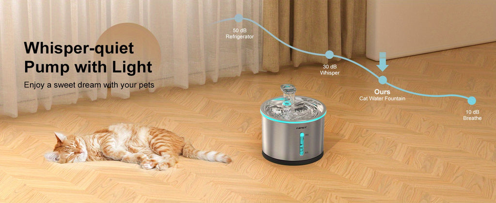 Stainless Steel Cat Water Fountain 50oz 1.5L, NPET WF210 Quiet Pet Drinking Dispenser with LED Water Level Window and Filter Bundle Options