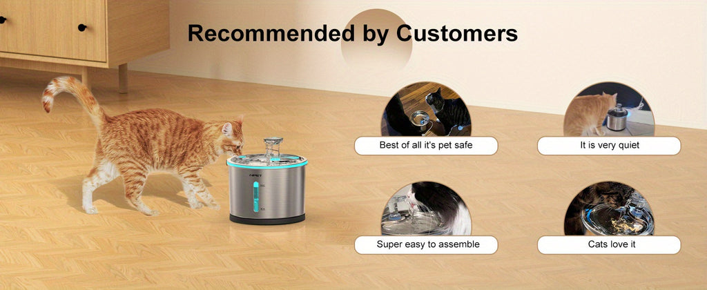 Stainless Steel Cat Water Fountain 50oz 1.5L, NPET WF210 Quiet Pet Drinking Dispenser with LED Water Level Window and Filter Bundle Options