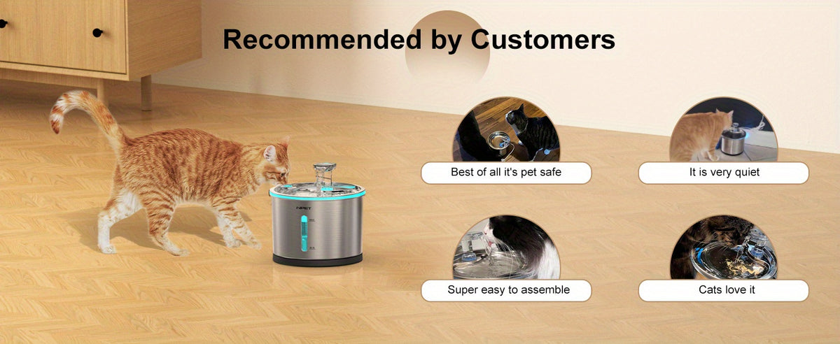 Stainless Steel Cat Water Fountain 50oz 1.5L, NPET WF210 Quiet Pet Drinking Dispenser with LED Water Level Window and Filter Bundle Options