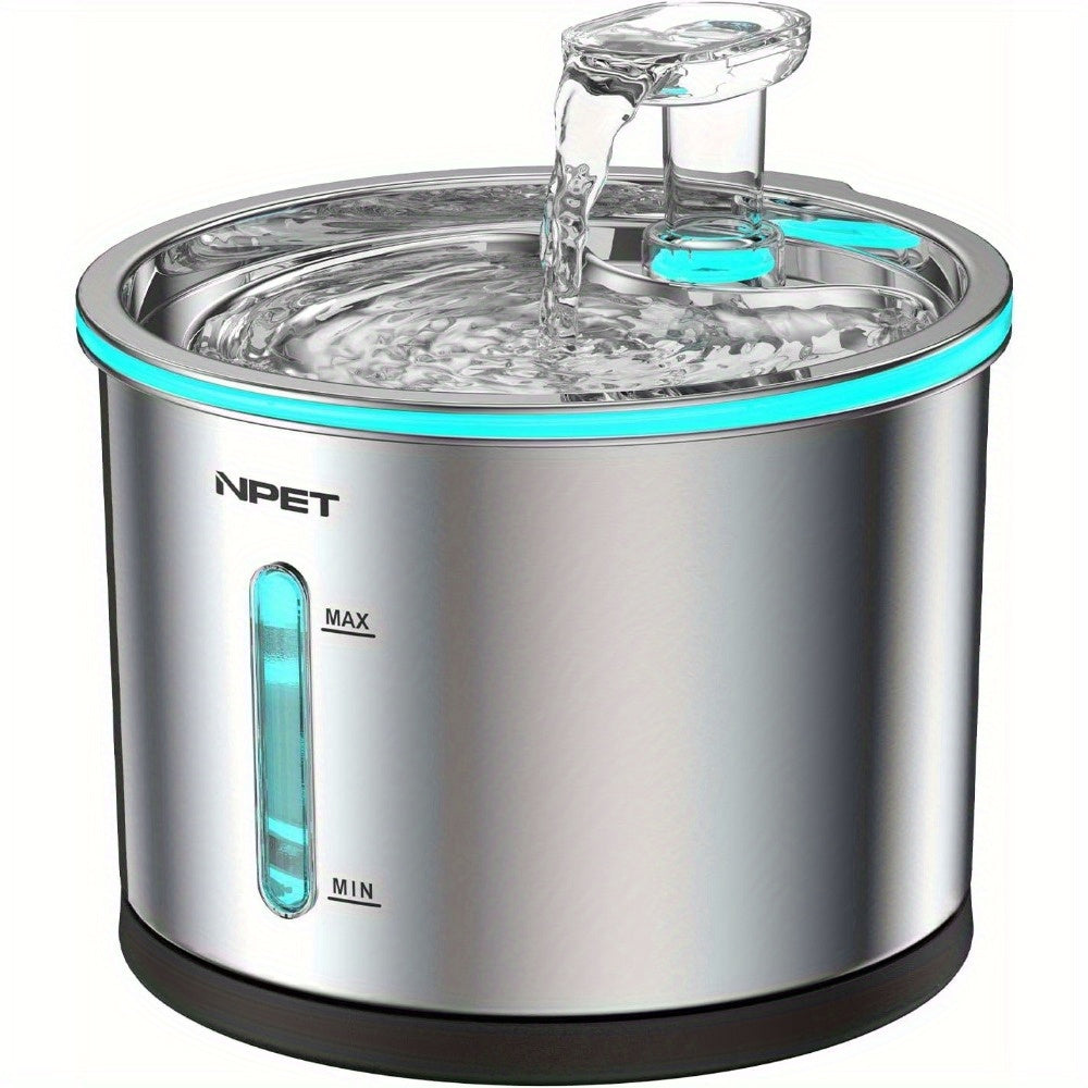 Stainless Steel Cat Water Fountain 50oz 1.5L, NPET WF210 Quiet Pet Drinking Dispenser with LED Water Level Window and Filter Bundle Options