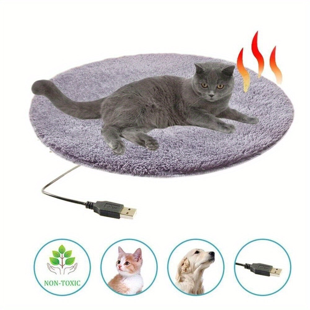 USB Pet Heating Pad for Cats and Dogs, 15.75 Inch Round Soft Heated Mat with Constant Temperature and Chew-Resistant Cable, Gray, No Battery