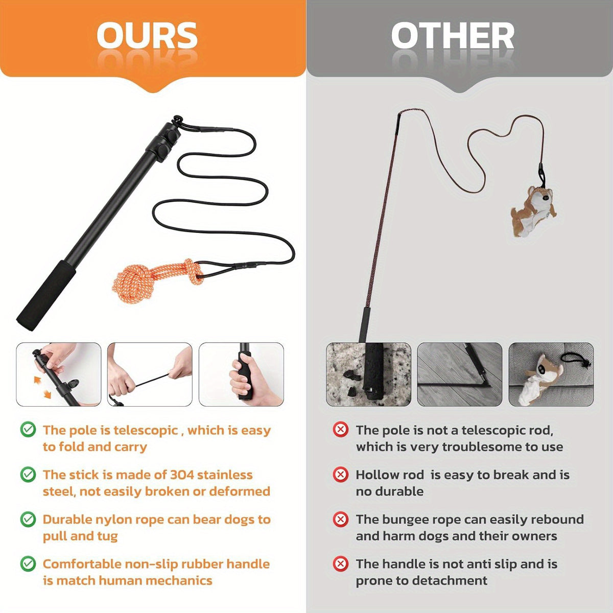 40-Inch Dog Flirt Pole with Telescopic Aluminum Alloy Wand, Non-Slip Handle and Detachable Lure Design for Supervised Chase Play and Training