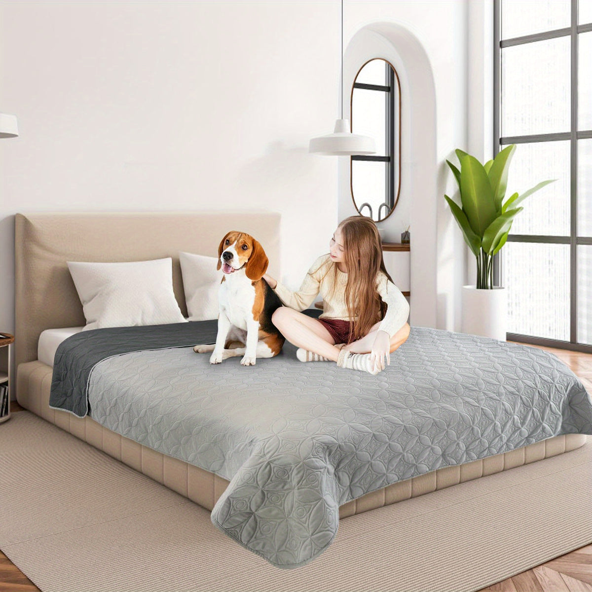 Dog Blankets 2 Pack 62 x 82 Inch, Reversible Machine Washable Pet Furniture Protectors with TPU Coating for Couch, Bed and Car, Light and Dark Grey