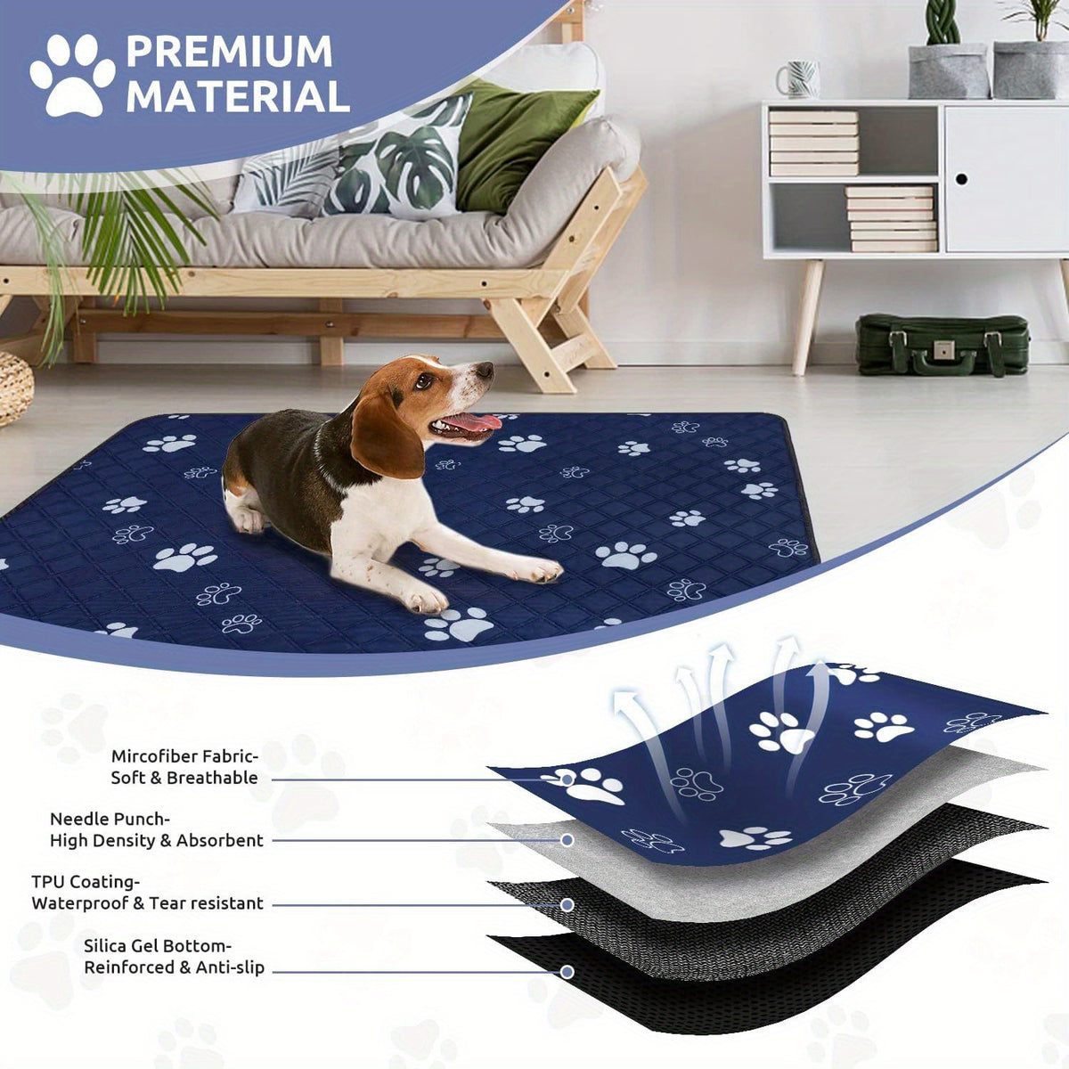 Extra Large Washable Dog Pee Pad 48 x 65 Inches, 1 Pack Reusable Non-Slip Puppy Potty Training and Whelping Mat in Blue or Grey for Home Use