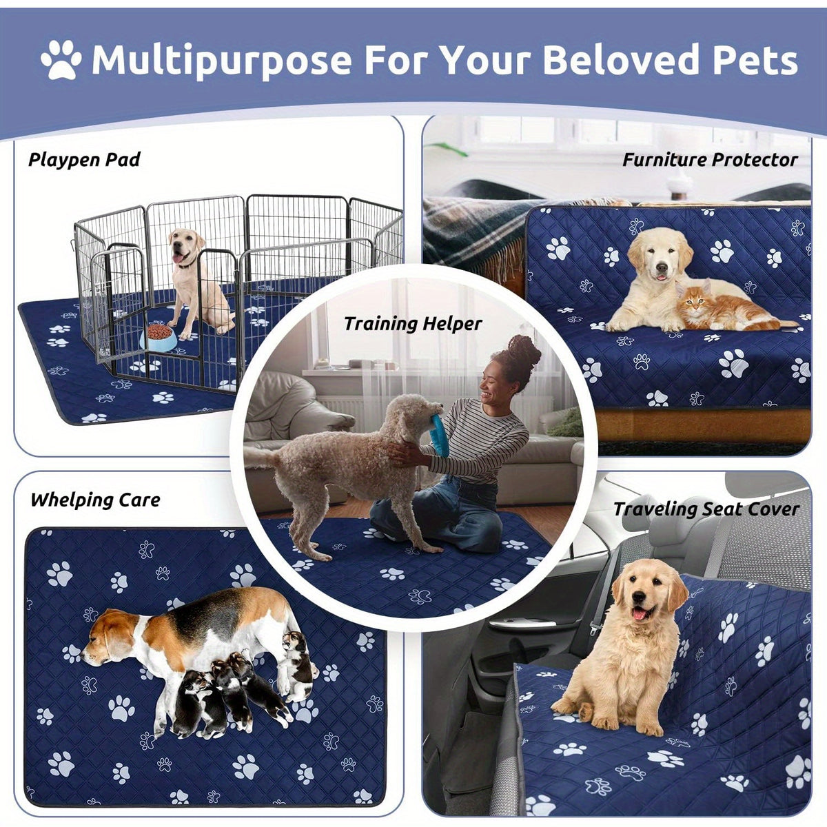 Extra Large Washable Dog Pee Pad 48 x 65 Inches, 1 Pack Reusable Non-Slip Puppy Potty Training and Whelping Mat in Blue or Grey for Home Use