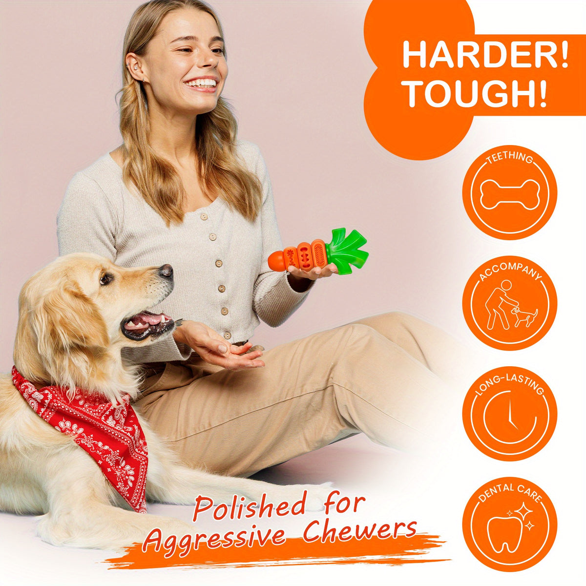 Carrot Dog Chew Toy for 15-80 lb Dogs, Textured Orange and Green Chewing Toy for Supervised Play, Daily Enrichment and Pet Birthday Gifts