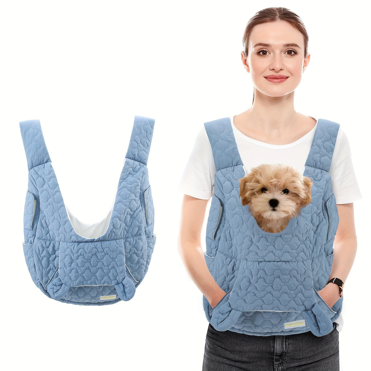 Front Dog Carrier Sling with Lined Winter Pet Pouch, Wide Shoulder Straps and Open-Top Design for Small Dog Outings, Grey Blue or Beige White