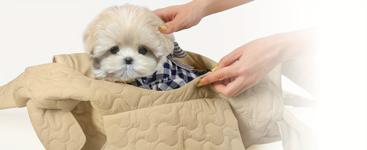 Front Dog Carrier Sling with Lined Winter Pet Pouch, Wide Shoulder Straps and Open-Top Design for Small Dog Outings, Grey Blue or Beige White