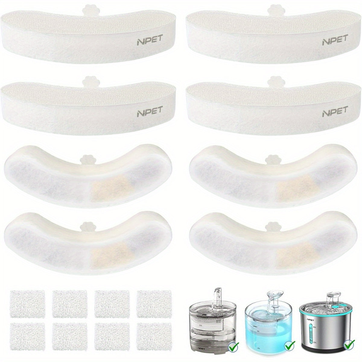 NPET Fountain Replacement Filters for WF050, WF100 and WF210 Cat Water Dispensers, Upgraded Refills in 8, 12, 16, 20 or 24 Piece Packs