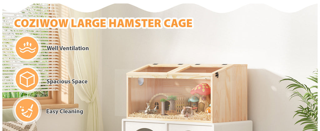 Hamster Habitat Wooden Cage with Clear Acrylic Front, Openable Top and Side Locks, 31.5-Inch Small Pet Enclosure in Natural or Burlywood