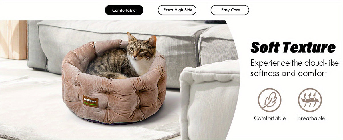 Deep Nest Cat Bed for Indoor Cats up to 15 lbs, 20-Inch Round Velvet-Feel Pet Sleeper with Extra-High Sides, Washable Design and Non-Slip Bottom
