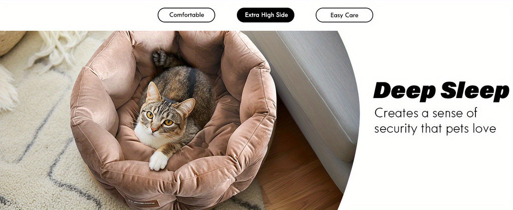 Deep Nest Cat Bed for Indoor Cats up to 15 lbs, 20-Inch Round Velvet-Feel Pet Sleeper with Extra-High Sides, Washable Design and Non-Slip Bottom