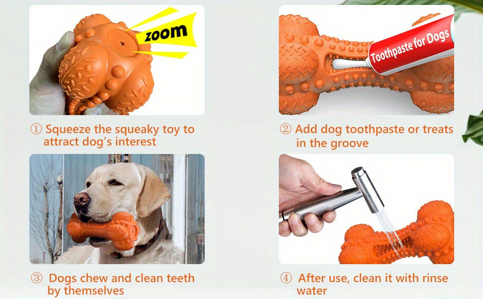 Rubber Dog Chew Bone with Dual Squeakers, Textured Natural Rubber Toy with Beef Scent for Medium and Large Dogs, Interactive Fetch and Supervised Play