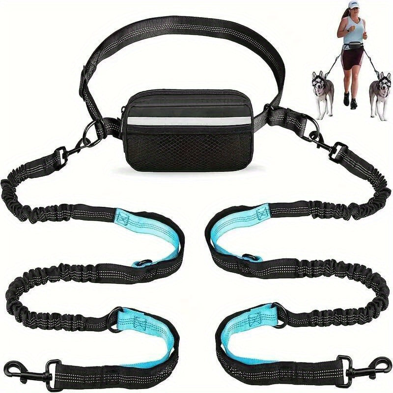 Dog Running Leash with Double Handles, Adjustable Hands-Free Elastic Lead for Medium and Large Dogs, Blue or Gray for Jogging and Daily Walks