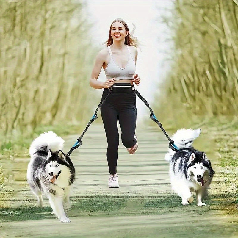 Dog Running Leash with Double Handles, Adjustable Hands-Free Elastic Lead for Medium and Large Dogs, Blue or Gray for Jogging and Daily Walks
