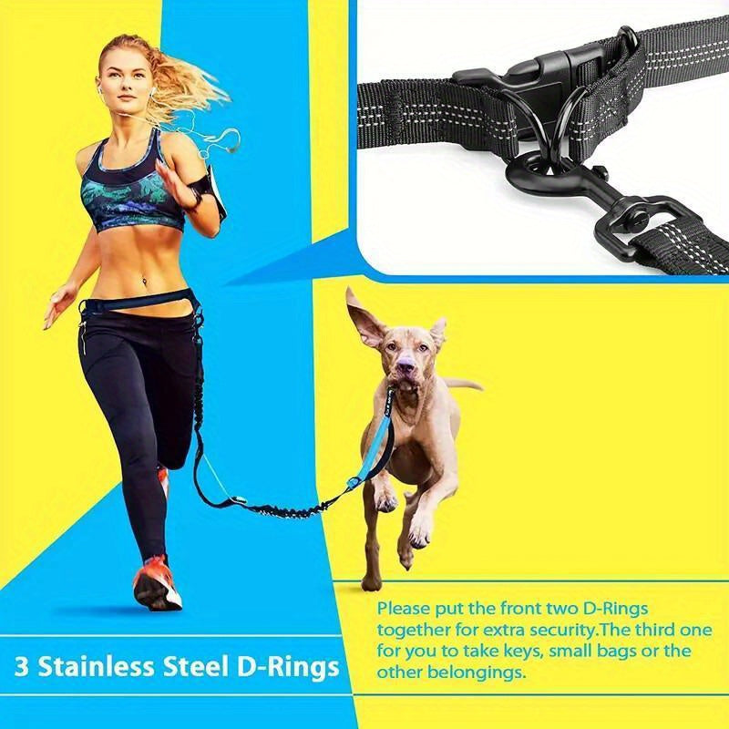 Dog Running Leash with Double Handles, Adjustable Hands-Free Elastic Lead for Medium and Large Dogs, Blue or Gray for Jogging and Daily Walks
