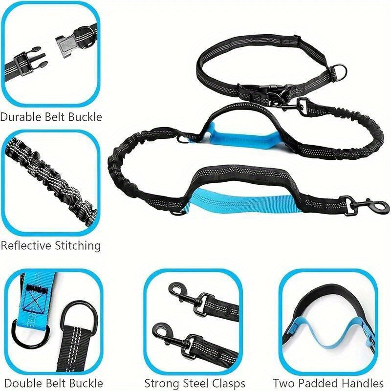 Dog Running Leash with Double Handles, Adjustable Hands-Free Elastic Lead for Medium and Large Dogs, Blue or Gray for Jogging and Daily Walks