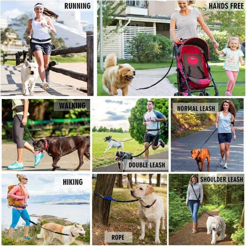 Dog Running Leash with Double Handles, Adjustable Hands-Free Elastic Lead for Medium and Large Dogs, Blue or Gray for Jogging and Daily Walks