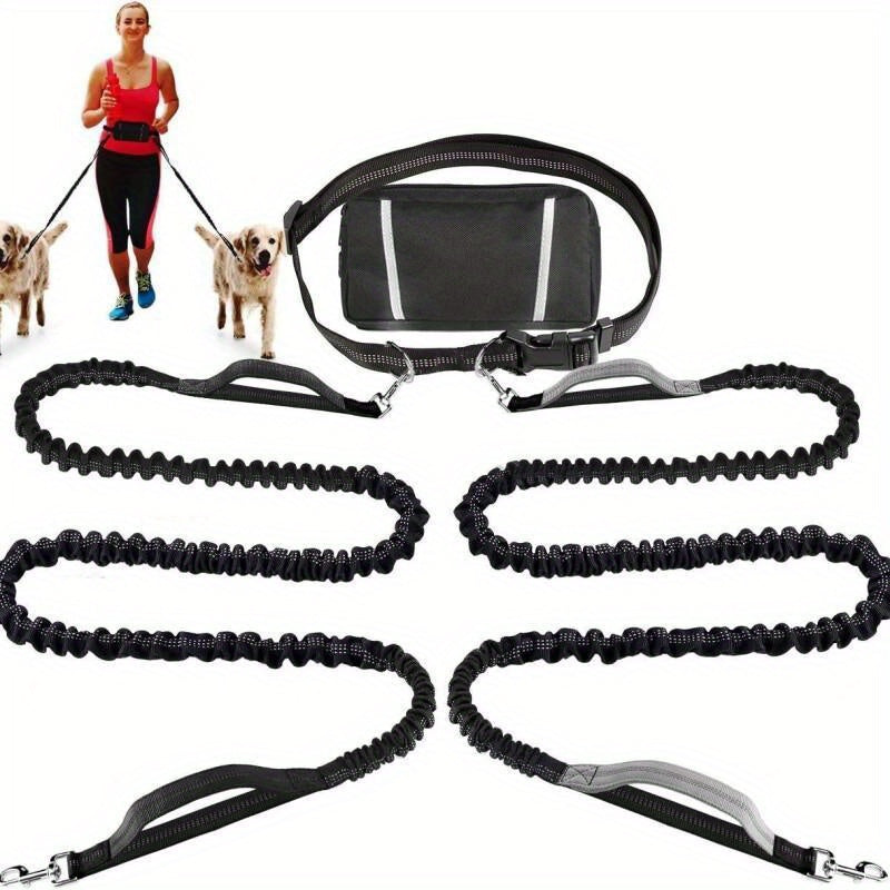 Dog Running Leash with Double Handles, Adjustable Hands-Free Elastic Lead for Medium and Large Dogs, Blue or Gray for Jogging and Daily Walks