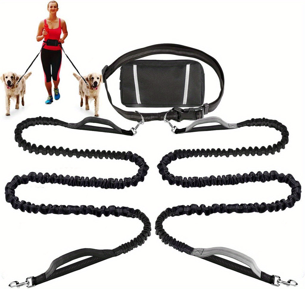 Dog Running Leash with Double Handles, Adjustable Hands-Free Elastic Lead for Medium and Large Dogs, Blue or Gray for Jogging and Daily Walks