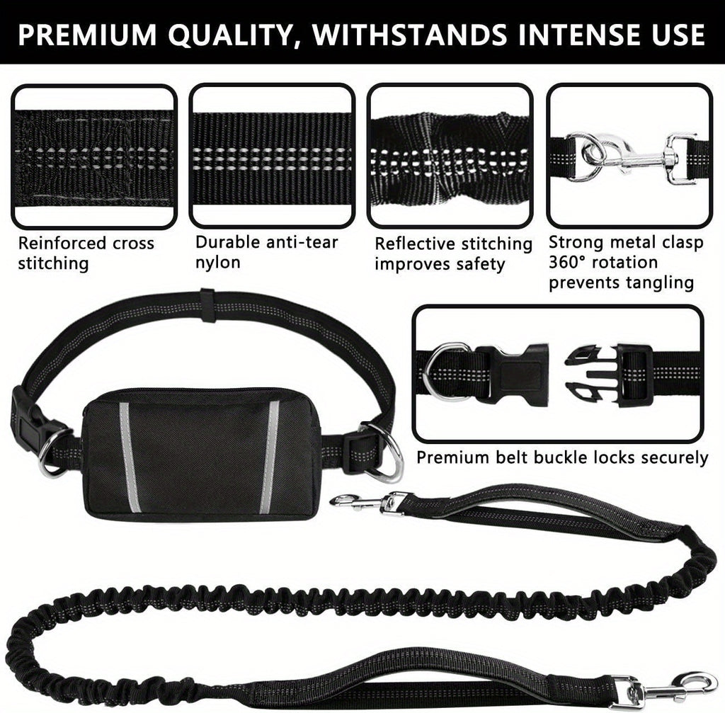 Dog Running Leash with Double Handles, Adjustable Hands-Free Elastic Lead for Medium and Large Dogs, Blue or Gray for Jogging and Daily Walks