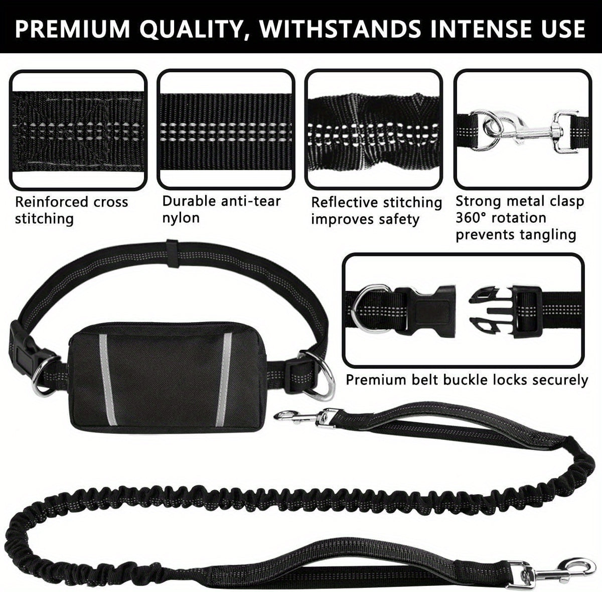 Dog Running Leash with Double Handles, Adjustable Hands-Free Elastic Lead for Medium and Large Dogs, Blue or Gray for Jogging and Daily Walks