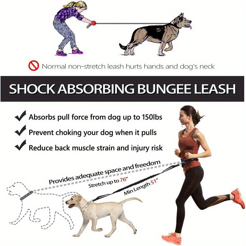 Dog Running Leash with Double Handles, Adjustable Hands-Free Elastic Lead for Medium and Large Dogs, Blue or Gray for Jogging and Daily Walks