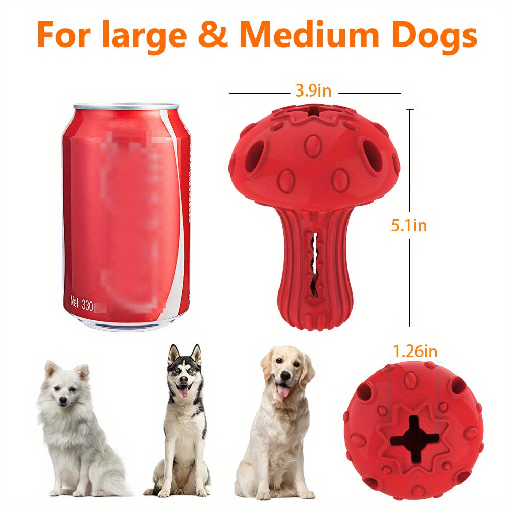 Treat Dispensing Dog Toy in Mushroom Shape, Beef-Scented Rubber Puzzle Chew for Medium and Large Dogs, 3.9 x 5.1 Inches in Red or Yellow
