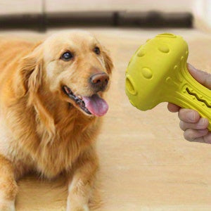 Treat Dispensing Dog Toy in Mushroom Shape, Beef-Scented Rubber Puzzle Chew for Medium and Large Dogs, 3.9 x 5.1 Inches in Red or Yellow