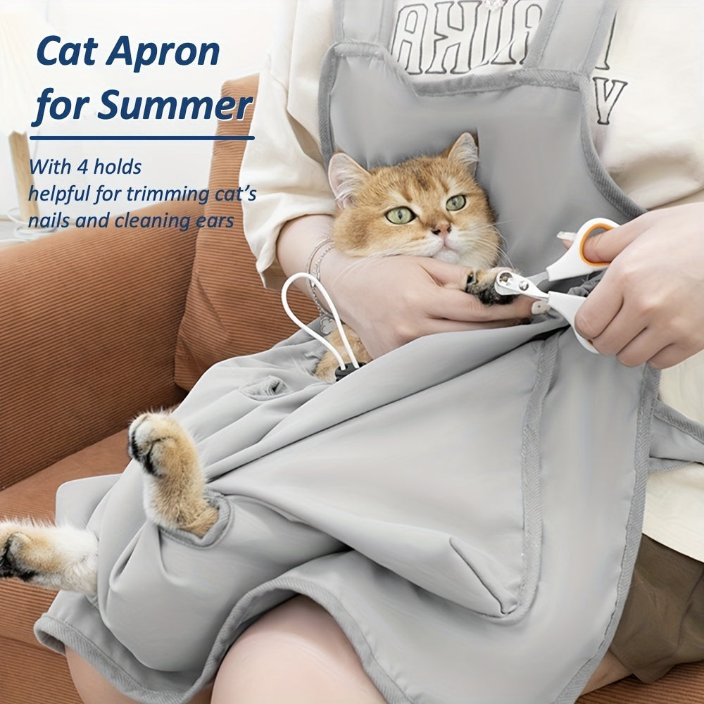 Cat Grooming Apron with 4 Leg Openings, Breathable Grey Pet Care Bag for At-Home Nail Trimming, Ear Cleaning and Everyday Cat Handling