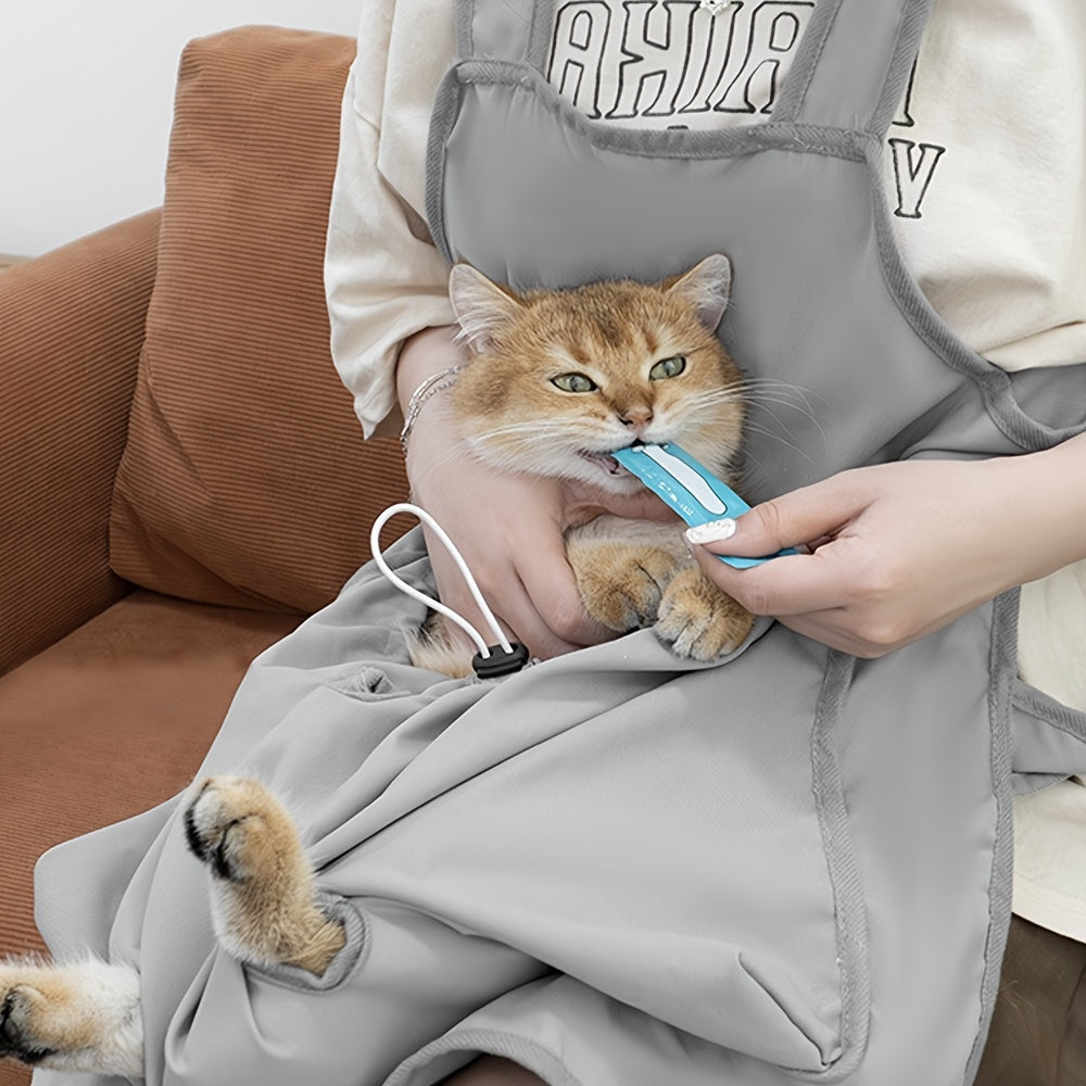 Cat Grooming Apron with 4 Leg Openings, Breathable Grey Pet Care Bag for At-Home Nail Trimming, Ear Cleaning and Everyday Cat Handling