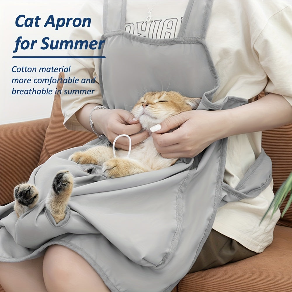 Cat Grooming Apron with 4 Leg Openings, Breathable Grey Pet Care Bag for At-Home Nail Trimming, Ear Cleaning and Everyday Cat Handling