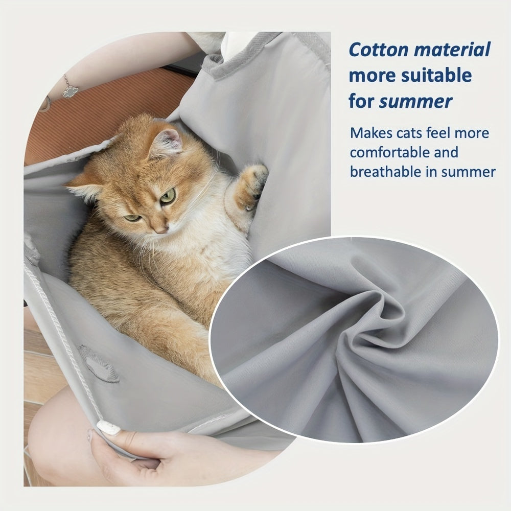 Cat Grooming Apron with 4 Leg Openings, Breathable Grey Pet Care Bag for At-Home Nail Trimming, Ear Cleaning and Everyday Cat Handling