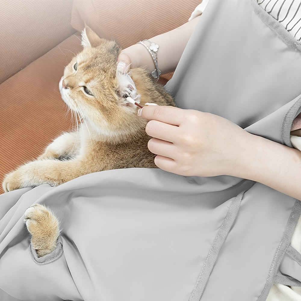 Cat Grooming Apron with 4 Leg Openings, Breathable Grey Pet Care Bag for At-Home Nail Trimming, Ear Cleaning and Everyday Cat Handling