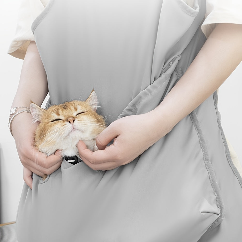Cat Grooming Apron with 4 Leg Openings, Breathable Grey Pet Care Bag for At-Home Nail Trimming, Ear Cleaning and Everyday Cat Handling