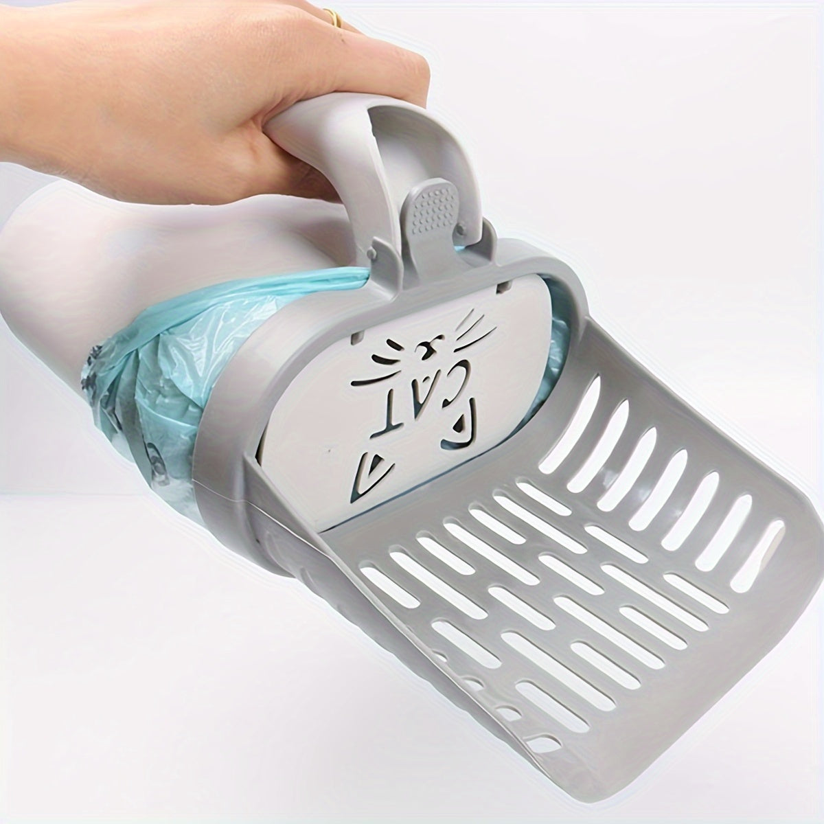 Cat Litter Scoop with Removable Waste Bag Holder, Durable Off-White Plastic Shovel and 1 Roll of Garbage Bags for Daily Litter Box Cleaning