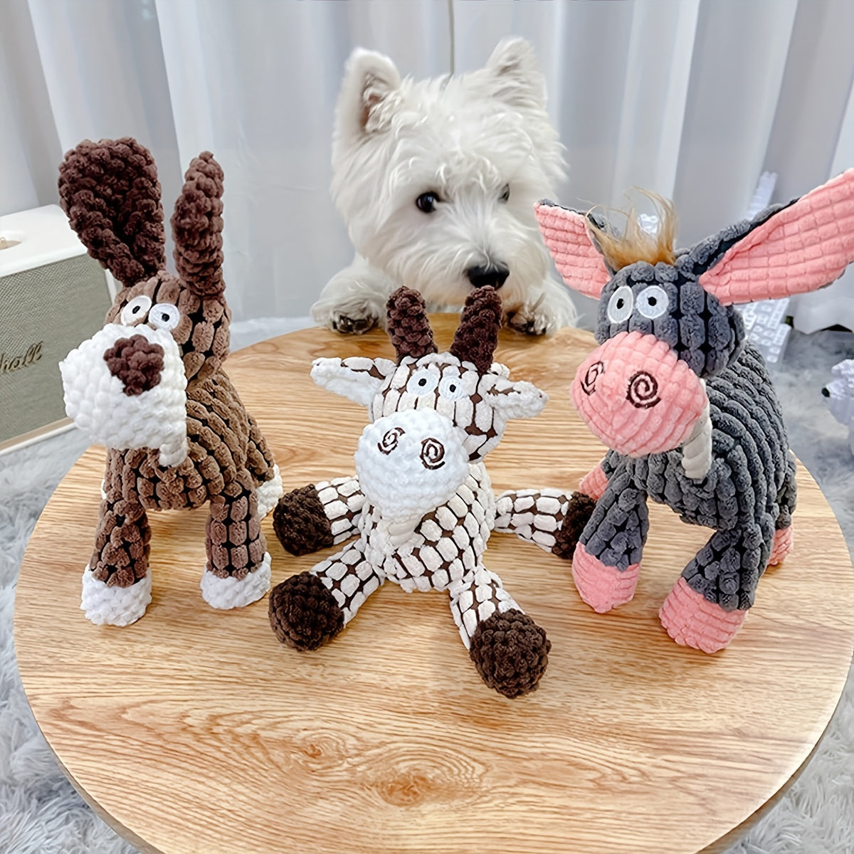 Washable Squeaky Plush Dog Toy for Small and Medium Dogs, Seven Animal Style Options with Goat, Giraffe, Donkey and Puppy Designs for Gentle Play