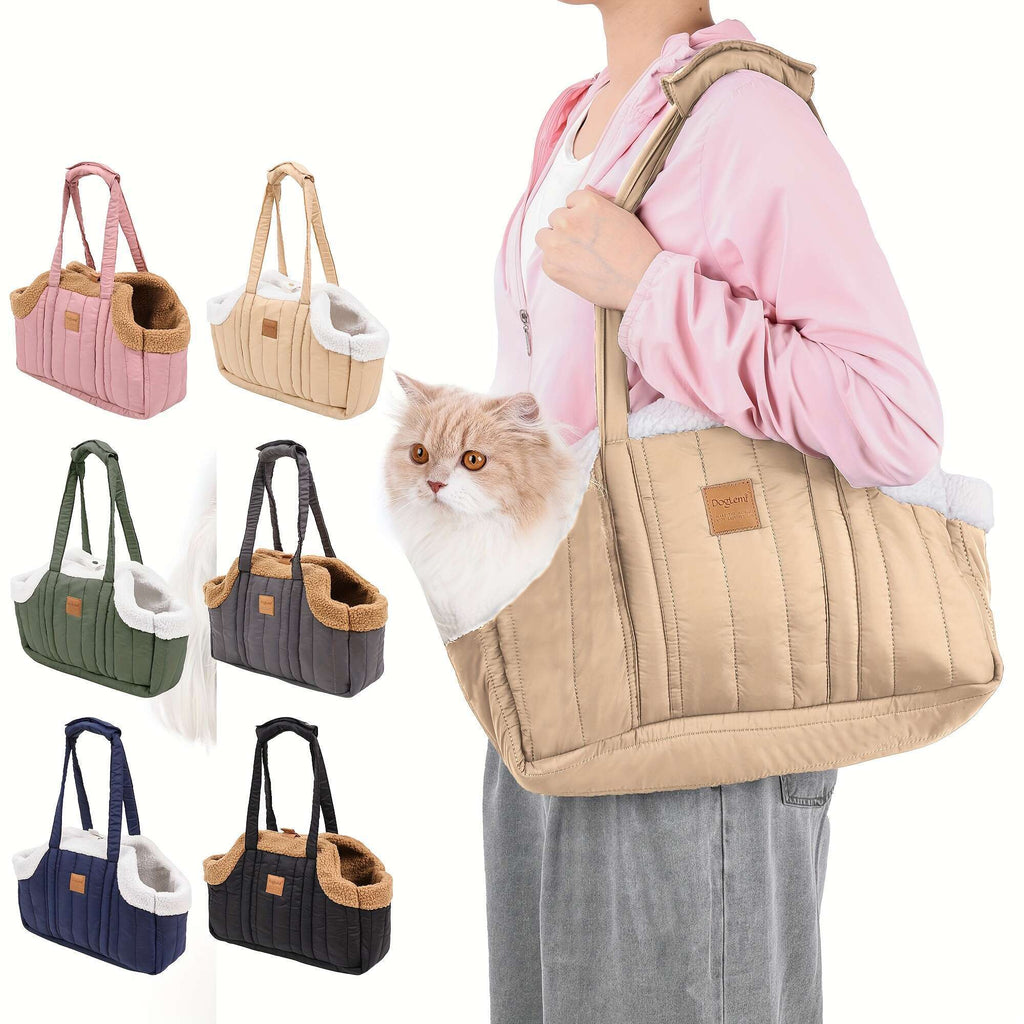 Pet Carrier Handbag with Snap Closure, Open-Top Winter Carrying Bag for Cool-Weather Outings in Green, Beige or Grey by Goodie Pet