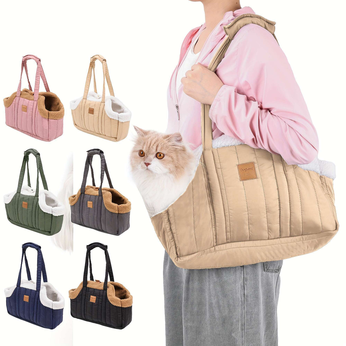 Pet Carrier Handbag with Snap Closure, Open-Top Winter Carrying Bag for Cool-Weather Outings in Green, Beige or Grey by Goodie Pet